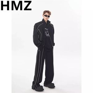 HMZ MEN SOLID FÄRG RANDDUT LOOK CASUELL HANDSOMMA FAMEVINTS SETS JAPCE Pant Suits Male Sport Coat Trousers Tracksuit 240517