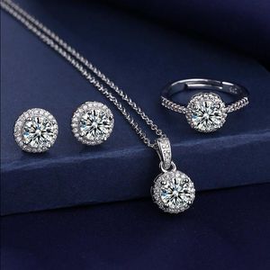 Solitaire Lab Diamond Jewelry Set 925 Sterling Silver Party Rings Necklace for Women الزفاف المجوهرات Moissanite Hcoad