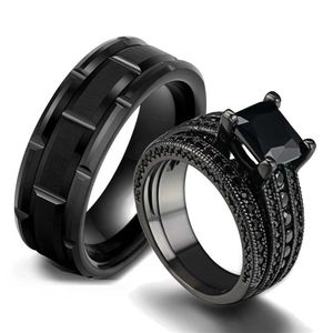 Couple Rings Fashion Couple Ring Romantic Womens Black Rhinestone Zirconia Ring Set Simple Mens Stainless Steel Ring Wedding Party Jewelry S2452455