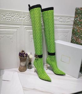 Women039S高品質の膝ロングブーツファッションニット刺繍内層リアルレザーエラスティックブーツショーパーティーハイヒール1763538