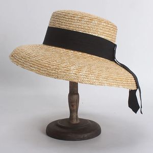 女性の帽子のための広い縁の夏の帽子女性小麦麦わら帽子ブラックリボンフラットトップハンドメイドレジャービーチハット240522