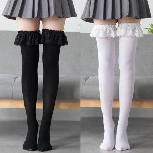 Womens Japanese Anime Thigh High Socks Lolita Gothic Lace Ruffles Trim Stockings