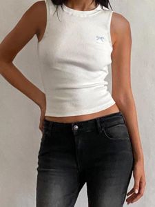 Frauen Tanks Sommer Rippen -Tanktops Bogen Stickerei ärmellose Crewneck Slim Fit Camis Vest Streetwear Y2K Ästhetische Kleidung 2000er Jahre