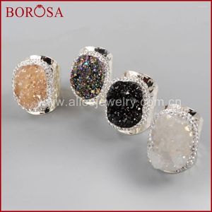 Küme halkaları borosa 5pcs oval doğal titanyum druzy bant yüzüğü Drusy mücevherler gümüş renkli gökkuşağı mücevherleri kadınlar için taşlar jab939