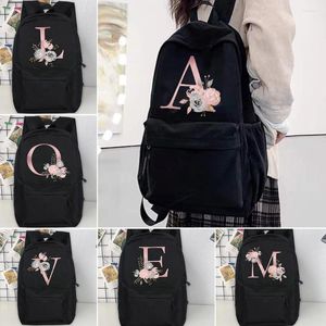 Storage Bags Pink Alphabet Flowers A-Z Female School Print Backpacks Student Teenagers Schoolbag Black Casual Travel Backbag