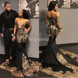 2022 seksowne afrykańskie czarne sukienki balowe ze złotymi aplikacjami cekiny V Neck Szyjka z krótkim rękawem sukienka na imprezę Court Train Suknie wieczorowe EE 283T