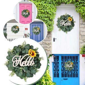 Flores decorativas Artificial com letra grinaldas de verão Spring ornament polegh Green 17,3 Girassol Fall para a porta da frente grande