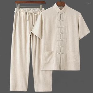 Men's Tracksuits Mens Linen Sets 2024 Summer Men Streetwear Jogger Shirts Long Pants Male Chinese Style 2 Pieces Hanfu Tracksuit Tang Suit