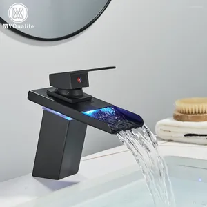 Bathroom Sink Faucets Black LED Waterfall Basin Faucet Deck Mounted Cold Water Mixer Taps Three Color Changing By Battery