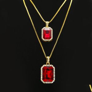 Andra smyckesuppsättningar 2st Ruby Necklace Set Sier Gold Plated Iced Out Square Red Pendant Hip Hop Box Chain Drop Delivery DHIL4