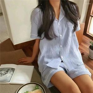 Home Clothing South Korea Ins Japan Fashion Soft Cotton Linen Gauze Pajamas Women Summer Short Sleeve Cute Two-piece Set Homewear