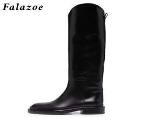 Falazoe Faux Leather Riding Boot Designer Brand Luxury Knee High Tall Black Slip on Flat Autumn Female Shoes 2201089670622