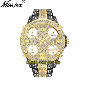 Missfox Eternity V305 Hip Hop Fashion Mens Watches 51mm Cz Diamond Inlay Multi Dial Quartz Movement Men Watch Iced Out Diamonds Bezel A 2807