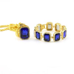 Bracciale Necklace Brand Hip Hop Jewellry Set Gold Blue Black Ruby Men Bling Big Size Drople Delivery Set di gioielli DHITF