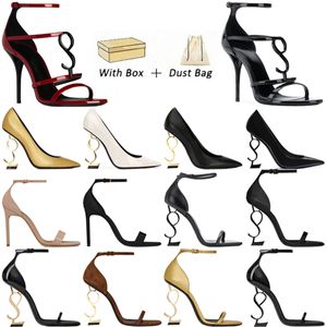 Designer klackar Sandaler High Dance Heel Logo Patent Leather Gold Tone Triple Black Nuede Red Party Wedding With Box Luxury Ladies Sandal X78G#
