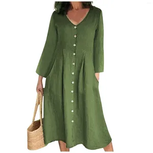 Casual Dresses Women's Dress Mori Girl Series Spring Autum Elegant Loose Solid Color Long Sleeped High Maisted Cotton Linen