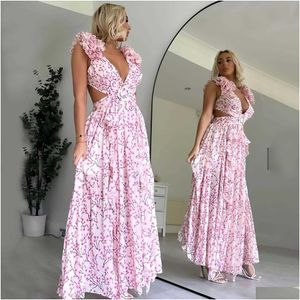 Podstawowe sukienki swobodne Summer Nowy wakacyjny nadruk długa sukienka Deep V Off Slim Fit Ruffle Floral Drop Delivery Odzież Women Ubranie Dhvut