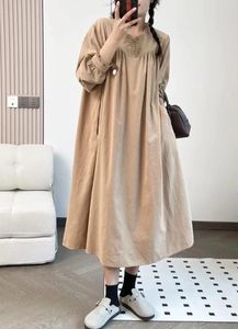 Casual Dresses Mori Simple Lace V-Neck Loose Long-Sleeved Dress Soft Corduroy Midi