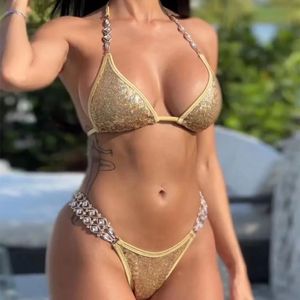 Bikinis Sexy Swimsuits Mulher Rhinestones de luxo Push Up Diamond Thong Swimwear