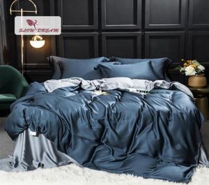 SlowDream Pure Blue Gray 100 Silk Bedding Set Beauty Healthy Queen King Silky Quilt Cover Pillwocase Flat Sheet Or Fitted Sheet6899138