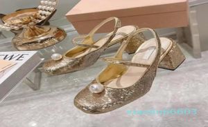 Fashiondress Shoes Woman Square Toe Glitter Slip On Chunky High Heels Sandals Gold Party Pearl Decor Lady Slingback Sandalia5725636