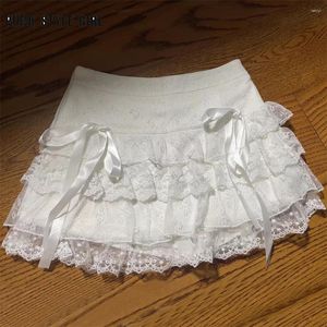 Юбки высокая талия сетка Cutecore White Lace Cake Mini Юбка Японский стиль