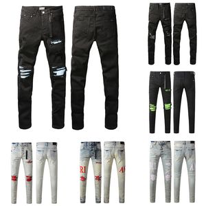 Black Pants Jean Mens streetwear jeans raka byxor desiger jeans hög elastik nödläge rippad smal fit motorcykel cyklist denim för mäns mode