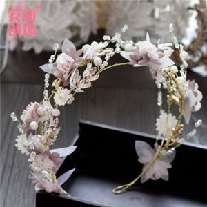 Gorgeous Pink Headpieces Crystals Flowers Wedding Headband Handmade Pearls Bridal Crown Tiara Lady Hairbands Bohemia Bride Hair Accesso 177B