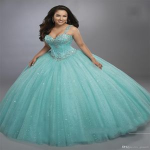 Aqua Sage Ball Gown Quinceanera Dresses Boleero Basque Waistline Bling Bling Sweet 16 Puffy Dressed Exposed Boning Sparkling 247r