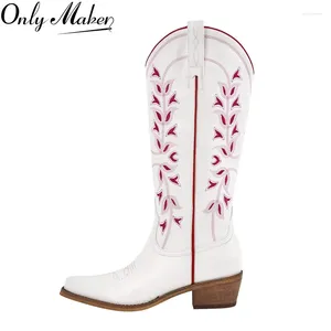 Boots OnlyMaker Mulheres apontadas para o Western Cowboy Bootsembroidered Block Heel Fashion Side Zipper Cowgirl