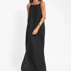 Casual Dresses Lady Strappy klänning Elegant fotledslängd maxi a-line silhuett axelfri design mjuk sommarstil för kvinnor rund hals