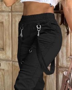 Calça de carga feminina calça casual 2023 nova cor de tendência sólida design de bolso de pocket suspenders de calças de carga decorativas