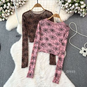 Spring And Autumn Fashion Sexy Long Sleeved Slim Fit Perspective Mesh Printed T-shirt Womens Western Style Bottom Top