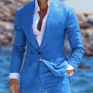 メンズスーツリネンビーチウェディングタキシードマンのためのスリムフィットグルームウェアピークラペル男性スーツフォーマルマンブレザー（ジャケットパンツ）2024