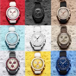 新しい高級デザイナーウォッチbioceramic moonswatchストラッププラネットムーンウォッチフル機能quarzクロノグラフムーブメントウォッチ輝く革の腕時計