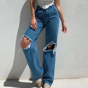 Women's Jeans High Waist Solid Color Knee Hole Women Ladies Wild Casual Straight Pants Fashion Stylish Retro Fitting Ripped Trousers