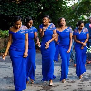 Kraliyet Mavi Kılıf Nedime Elbiseleri Güney Afrika Tül ve Satin Hizmetçisi Düğün Kat Uzunluğu Nedime Elbise için