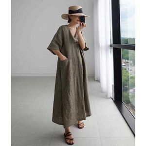 Basic Casual Dresses Womens Linen V-neck Maxi Dress Casual Loose Korean Style Solid Color with Pockets - Vkdr2147ldcy