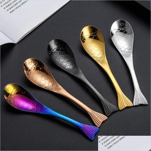 Spoons 13Cm Cartoon Fish Shape Stainless Steel Dessert Cake Jelly Rice Dinner Soup Kids Spoon Scoop Kitchen Accessories Drop Deliver Dhngx
