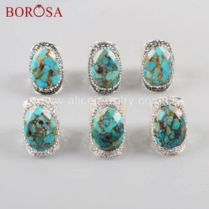 Кластерные кольца Borosa 5pcs Natural Gold-Line Turquoises Каменная серебряная полоса Кристалл