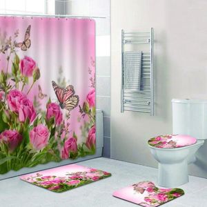 シャワーカーテンピンクのバラと蝶のバスルームカーテンセットガーデンフラワーフローラルバスマットラグカーペットトイレ用の3Dブーケ