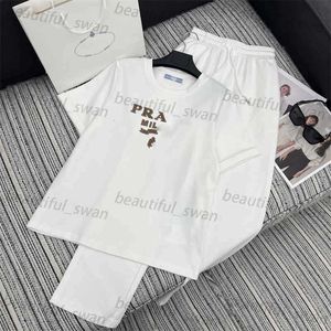 Designer Women Two Piece Pants Set 2024 early spring new leather letter patch embroidered round neck short sleeved T-shirtelastic waist straight leg pants set Set