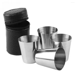 Kupalar 4pcs/set paslanmaz çelik bira bardaklar pratik seyahat metal fincan mini viski şarabı için set vaka portatif içecek eşyaları 30/70ml