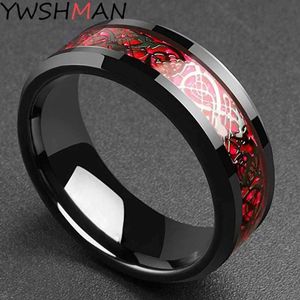 Paarringe Domineering Herren Ring rot grüne Kohlefaser Schwarz Drache Eingelegt bequeme Fit Edelstahl Ring Herren Ehering S2452455