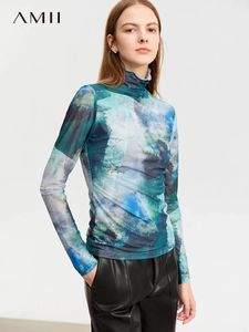 Amii китайский стиль марля футболка для женщин 2023 Осенний Slimfit теплый базовый рубашка наполовину высокая выявление топов качество 12343384 240521
