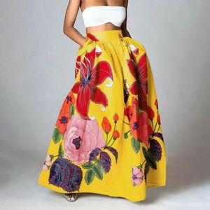 Mulheres estampas florais maxi saia bohemiana Partema de bolso da cintura alta longa vestido desgastado