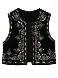 Women's Vests Black Embroidered Velvet Vest Top Women Sleeveless O Neck Slim Floral Jacket 2024 Autumn Fashion Female Streetwear Coat