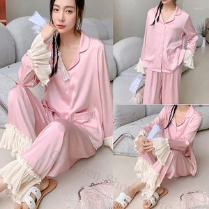 Odzież domowa różowy zestaw snu kobiety eleganckie piżamę garnitur Rayon Sleepwear Loungewear Sexy Lapel Shirtpants nocna odzież nocna