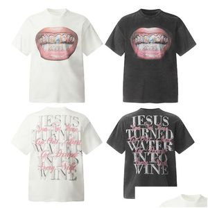 Men's Plus Tees Polos 24SS Summer Oversize USA Jesus Mouth Print Washed Vintage Tee Fashion Mens Short Sleeve Skateboard Tshirt WO OTFTB