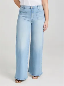 Women's Jeans Women Light Blue Wide Leg High Waist Front Pockets Fashion Zipper Female Soft Denim Long Pants